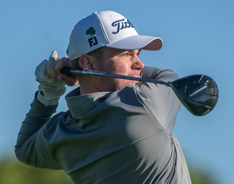 Peoria Notre Dame’s Jack Coulter tees off on No. 1 during the Class 2A boys golf regional Wednesday, Oct. 2, 2024 at Kellogg Golf Course in Peoria.