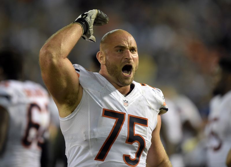 Nov 9, 2015; San Diego, CA, USA; Chicago Bears tackle Kyle Long (75) reacts during a 22-19 victory against the San Diego Chargers in a NFL football game at Qualcomm Stadium. Mandatory Credit: Kirby Lee-USA TODAY Sports