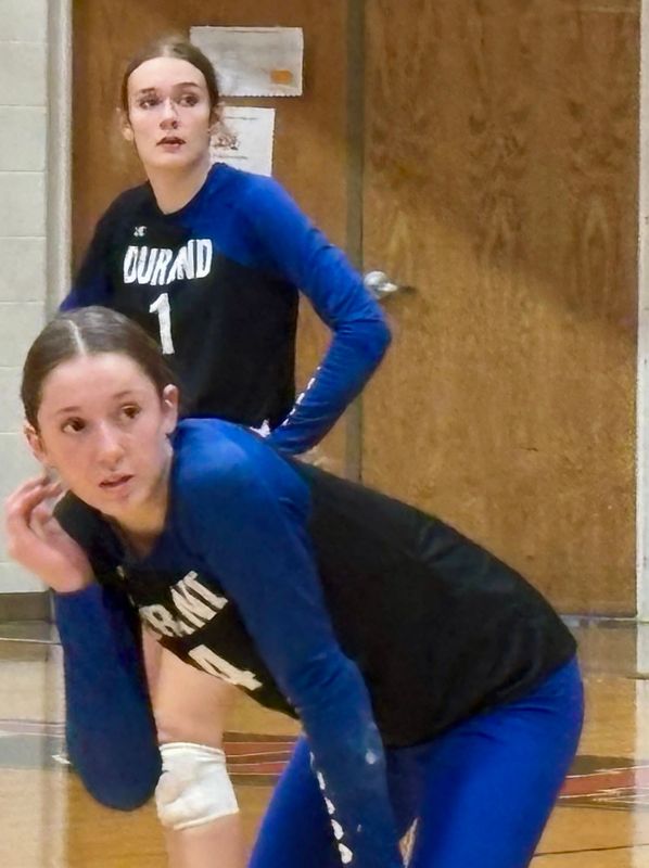 Durand's Lola Robertson looks to the bench for instructions during the Class 1A Forreston Regional girls volleyball finals Oct. 31, 2024, at Forreston High School.