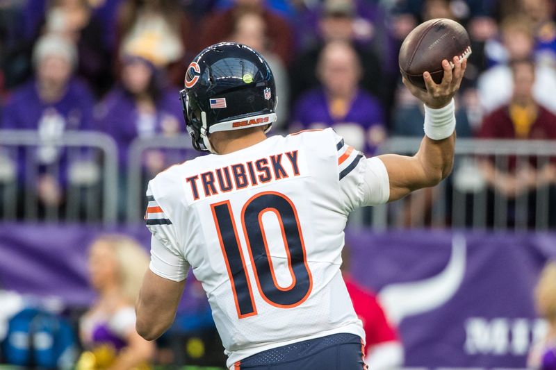 Dec 31, 2017; Minneapolis, MN, USA; Chicago Bears quarterback Mitchell Trubisky (10) throws during the first quarter against the Minnesota Vikings at U.S. Bank Stadium. Mandatory Credit: Brace Hemmelgarn-USA TODAY Sports