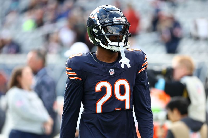 Nov 10, 2024; Chicago, Illinois, USA;Chicago Bears cornerback Tyrique Stevenson (29) practices before the game against the New England Patriots at Soldier Field. Mandatory Credit: Mike Dinovo-Imagn Images