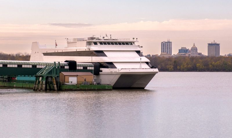 The Par-A-Dice floating casino is moored to its dock on the East Peoria side of Peoria Lake across from downtown Peoria.