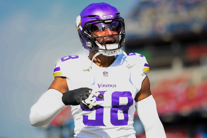 Nov 17, 2024; Nashville, Tennessee, USA; Minnesota Vikings linebacker Jonathan Greenard (58) warms up before a game against the Tennessee Titans at Nissan Stadium. Mandatory Credit: Steve Roberts-Imagn Images
