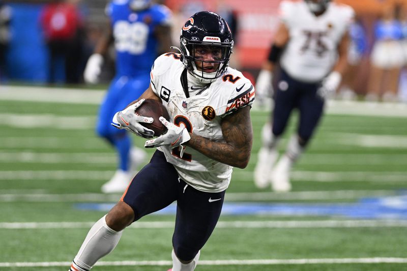Nov 28, 2024; Detroit, Michigan, USA; Chicago Bears wide receiver DJ Moore (2) heads upfield after catching a pass against the Detroit Lions in the fourth quarter at Ford Field. Mandatory Credit: Lon Horwedel-Imagn Images
