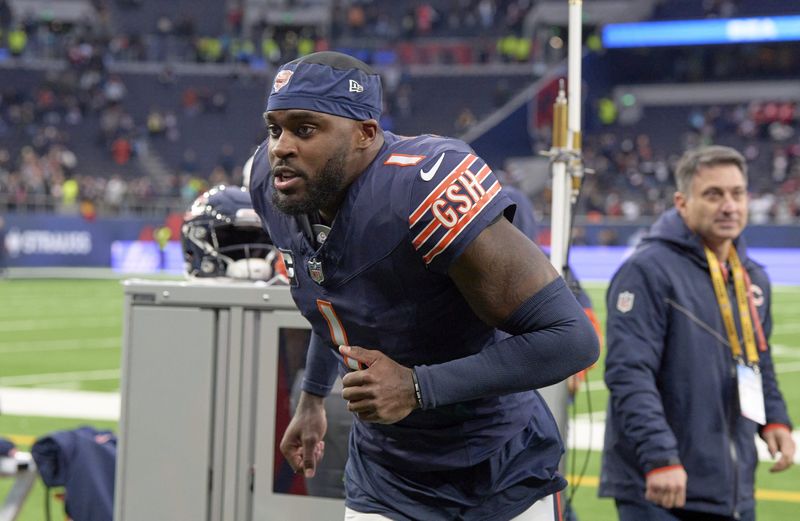 Oct 13, 2024; London, United Kingdom; Chicago Bears cornerback Jaylon Johnson (1) after an NFL International Series game at Tottenham Hotspur Stadium. Mandatory Credit: Peter van den Berg-Imagn Images