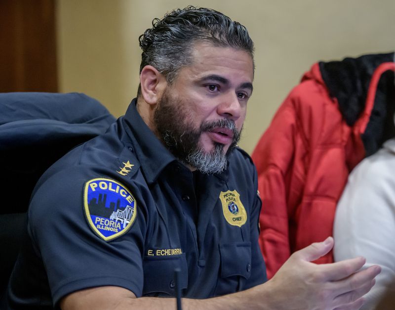 Peoria Police Chief Eric Echevarria explains some of the department's recruiting and hiring efforts during a recent Fire and Police Commission meeting at City Hall.