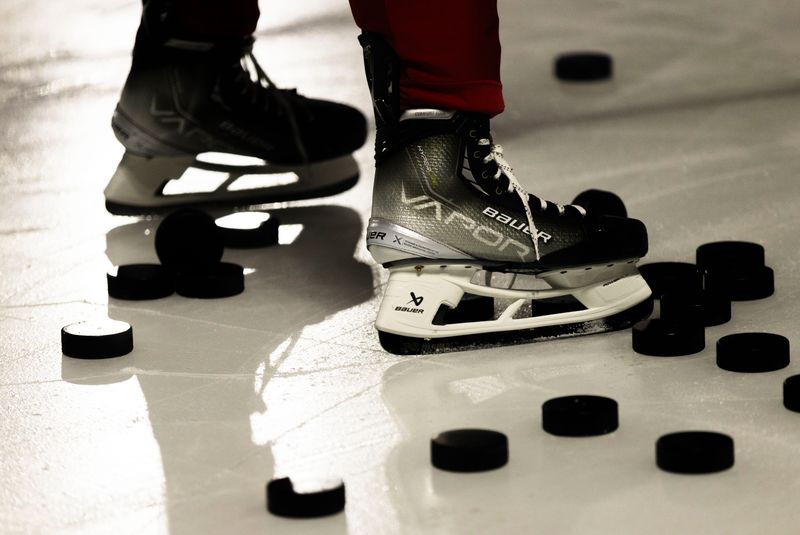 Members of the Rockford IceHogs practice Tuesday, Jan. 14, 2025, during a live practice and meet-and-greet event at the Riverside Ice Area in Belvidere.