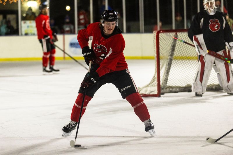 IceHogs forward Paul Ludwinski (90) stickhandles the puck Tuesday, Jan. 14, 2025, during a live practice and meet-and-greet event at the Riverside Ice Area in Belvidere.