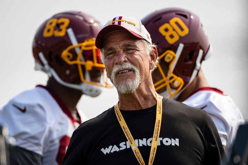 Jul 29, 2021; Richmond, VA, USA; Washington Football Team tight ends coach Pete Hoener instructs players during training camp at Bon Secours Washington Football Team Training Center. Mandatory Credit: Scott Taetsch-USA TODAY Sports