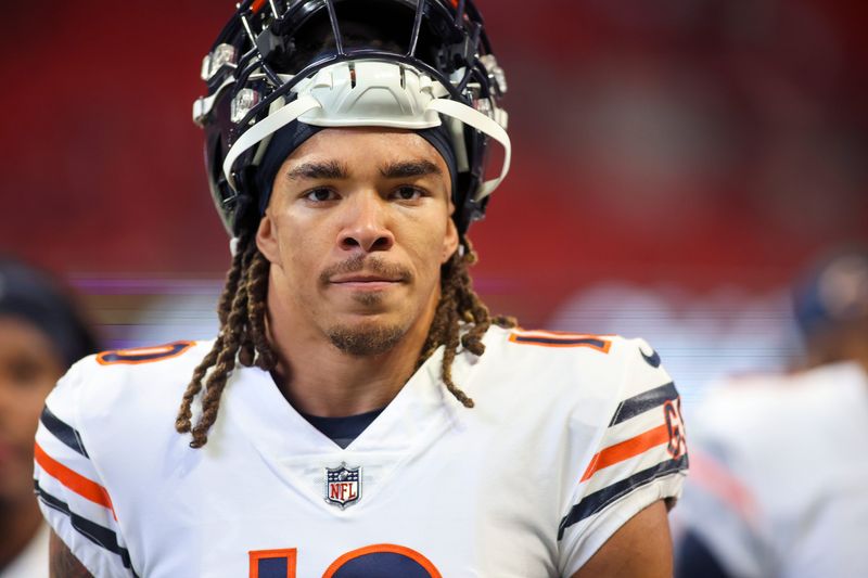 Nov 20, 2022; Atlanta, Georgia, USA; Chicago Bears wide receiver Chase Claypool (10) prepares for a game against the Atlanta Falcons at Mercedes-Benz Stadium. Mandatory Credit: Brett Davis-USA TODAY Sports