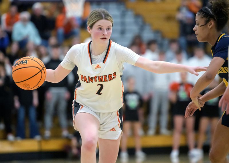 Washington’s Avery Tibbs moves the ball against Sterling in the first half of the Class 3A Rochelle Super-Sectional basketball game Monday, March 3, 2025 at Rochelle High School. The Panthers advanced to the state semifinals with a 58-54 overtime win.
