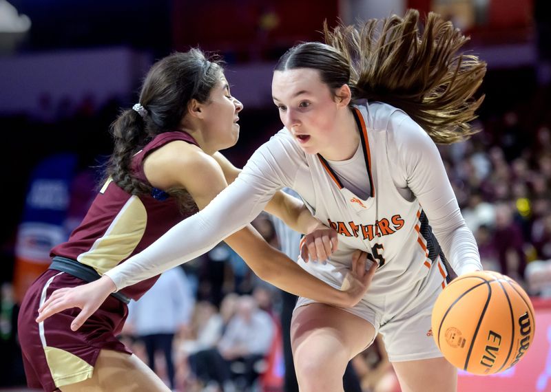 Washington's Dani Guedet runs up against St. Ignatius' Maliyah Miller in the second half of their Class 3A girls basketball state semifinal Thursday, March 6, 2025 at CEFCU Arena in Normal. Washington fell to St. Ignatius 48-33.