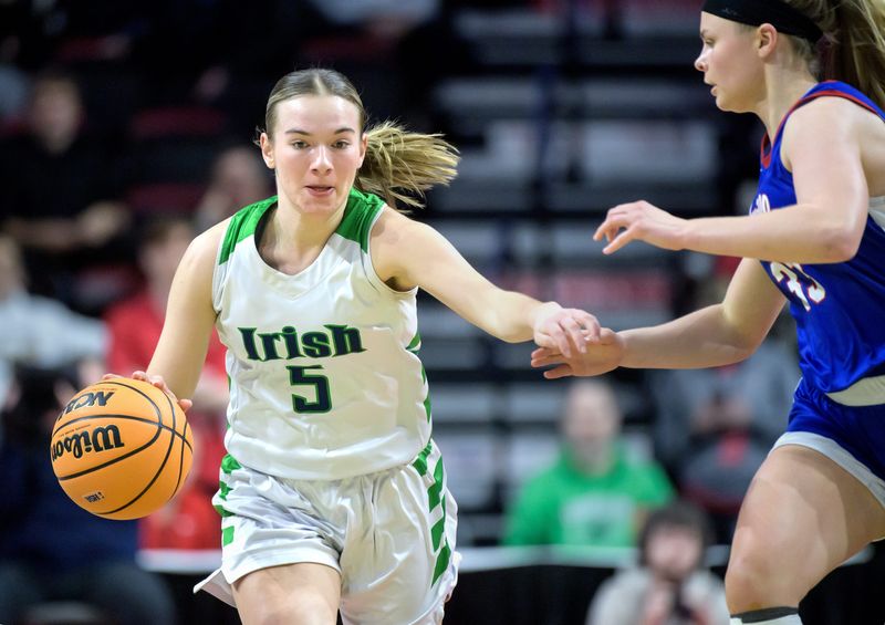 Peoria Notre Dame's Julia Mingus, left, moves the ball against Nashville's Emma Behrmann in the second half of the Class 2A girls basketball state title game Saturday, March 8, 2025 at CEFCU Arena in Normal. The Irish fell to Nashville 55-29.