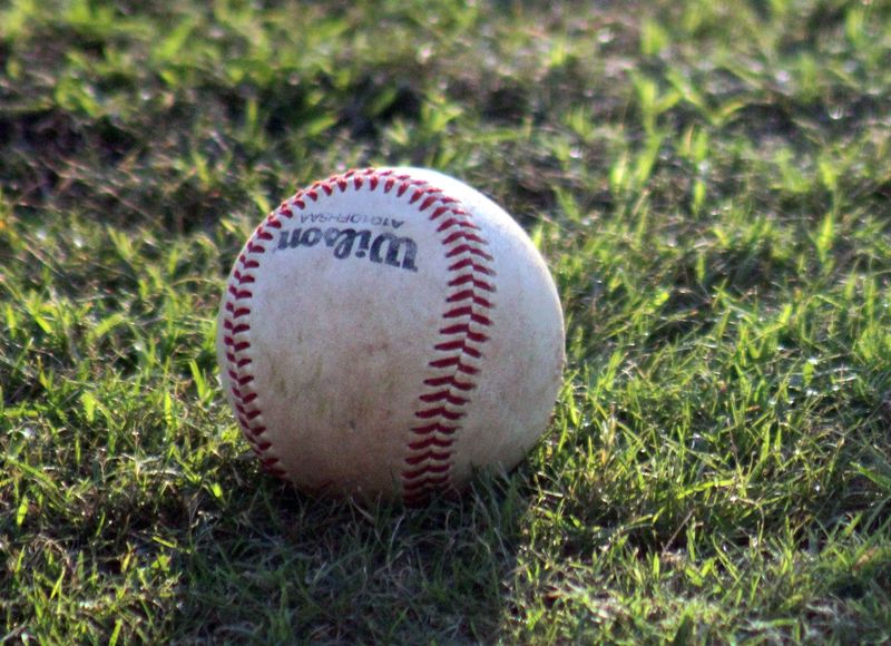 A baseball sits in the grass.