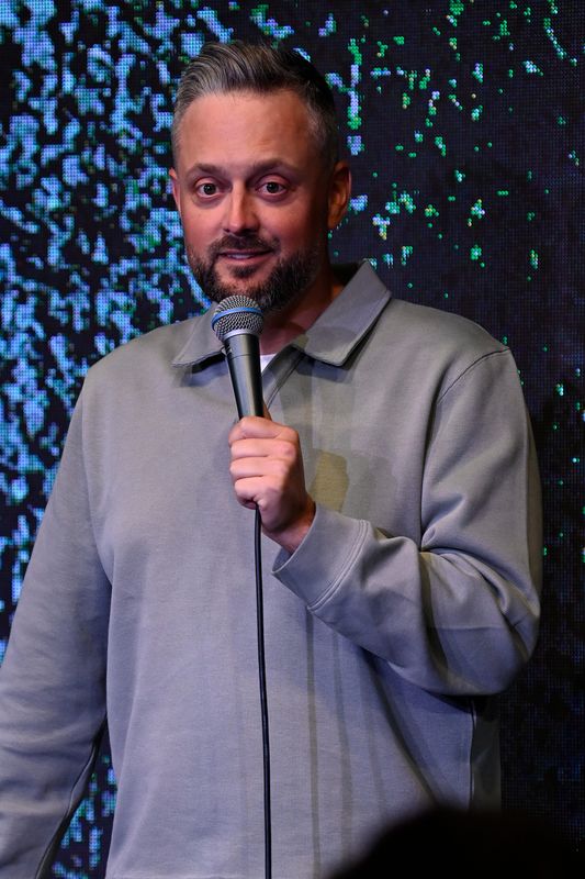 Comedian Nate Bargatze, a Nashville native, performs at Zanies Comedy Night Club Monday, April 28, 2025 in Nashville, Tenn. He is launching a new series of Monday night shows to develop the next generation of clean comics.