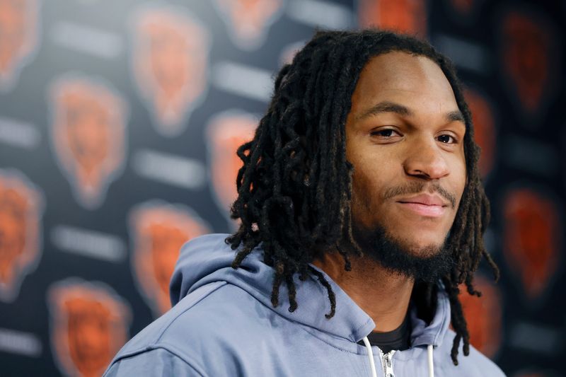 May 9, 2025; Lake Forest, IL, USA; Chicago Bears wide receiver Luther Burden III smiles during the Rookie Minicamp at Halas Hall. Mandatory Credit: Kamil Krzaczynski-Imagn Images