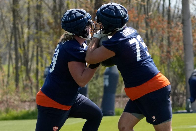 May 10, 2025; Lake Forest, IL, USA; Chicago Bears offensive lineman (75) Ozzy Trapilo and offensive lineman (78) Emmit Bohle participates in rookie minicamp at Halas Hall. Mandatory Credit: David Banks-Imagn Images