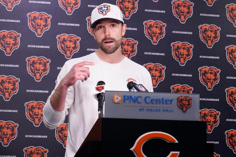 May 10, 2025; Lake Forest, IL, USA; Chicago Bears offensive coordinator Declan Doyle answers questions after rookie minicamp at Halas Hall. Mandatory Credit: David Banks-Imagn Images
