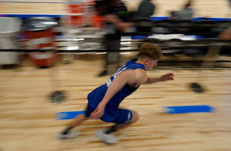May 13, 2025; Chicago, Il, USA; Kasparas Jakucionis (54) participates in the 2025 NBA Draft Combine at Wintrust Arena. Mandatory Credit: David Banks-Imagn Images