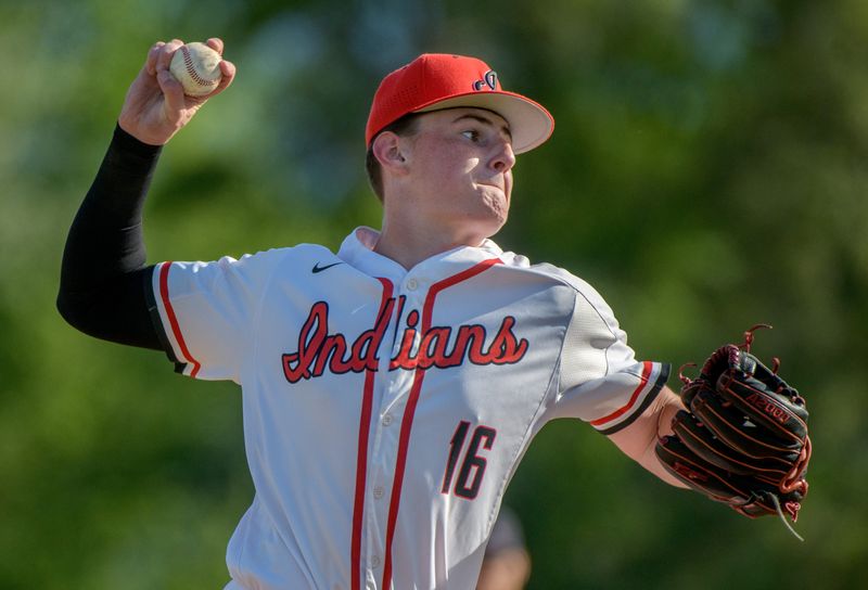 Brimfield's Kaeden Schatsiek pitches against Peoria Notre Dame in the Class 2A Minonk Regional baseball semifinal Thursday, May 22, 2025 in Wenona. The Irish defeated the Indians 7-3.