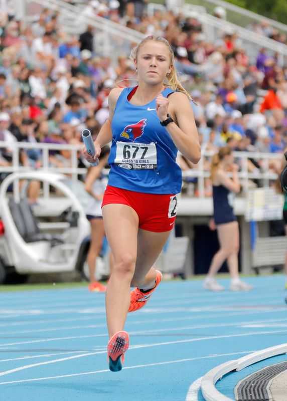 Pleasant Plains' Maddy Hegele runs the Class 1A 4x800-meter relay of the girls track and field state finals at Eastern Illinois University's O'Brien Field on Saturday, May 24, 2025.