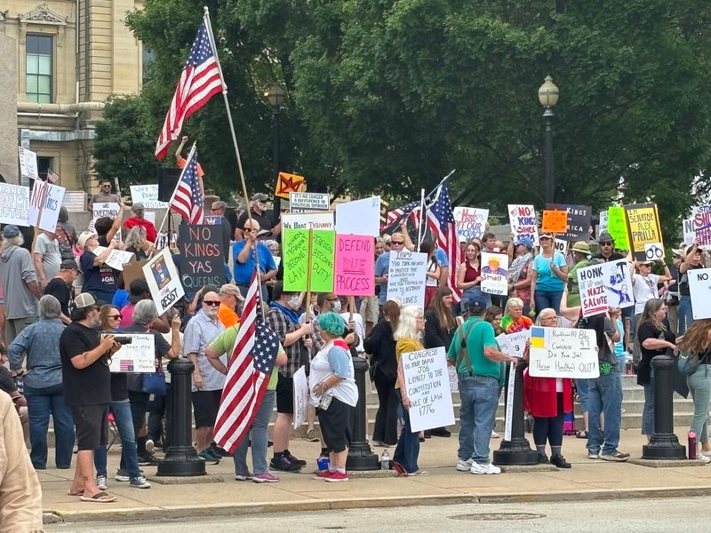 A crowd gathers along Second Street on the grounds of the Capitol for the No Kings protest and march on June 14, 2025.
