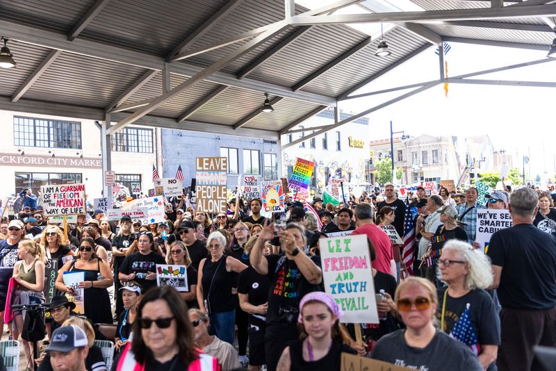 Area residents participate in Women's March Rockford's "No Kings" protest Saturday, June 14, 2025, in downtown Rockford. Millions of Americans joined in "No Kings" protests and rallies across the country June 14 to oppose the Trump administration.