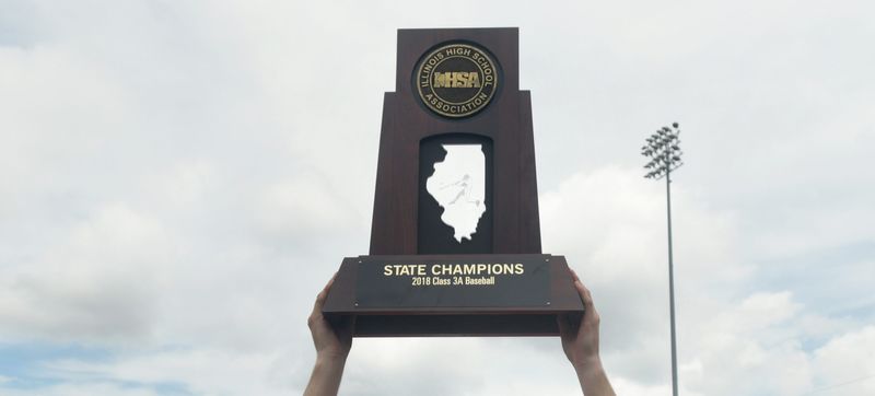 The Class 3A championship baseball trophy, seen in 2018 in Joliet.