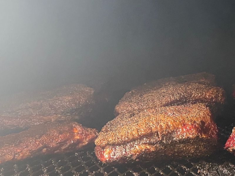 Brisket cooking inside the smoker at Blondie's Barbecue in Walpole.