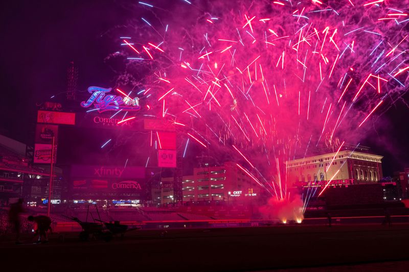 May 12, 2023; Detroit, Michigan, USA; After the game between the Detroit Tigers and the Seattle Mariners the fans were treated to a fireworks display at Comerica Park.