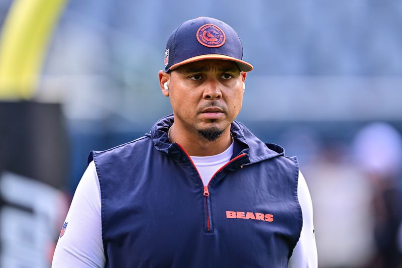 Aug 17, 2024; Chicago, Illinois, USA; Chicago Bears general manager Ryan Poles looks on before the game against the Cincinnati Bengals at Soldier Field. Mandatory Credit: Daniel Bartel-USA TODAY Sports