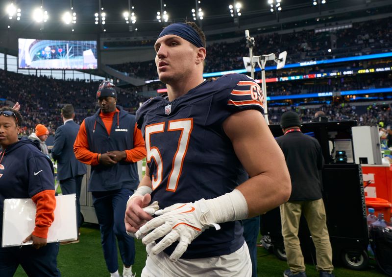 Oct 13, 2024; London, United Kingdom; Chicago Bears linebacker Jack Sanborn (57) after an NFL International Series game at Tottenham Hotspur Stadium. Mandatory Credit: Peter van den Berg-Imagn Images