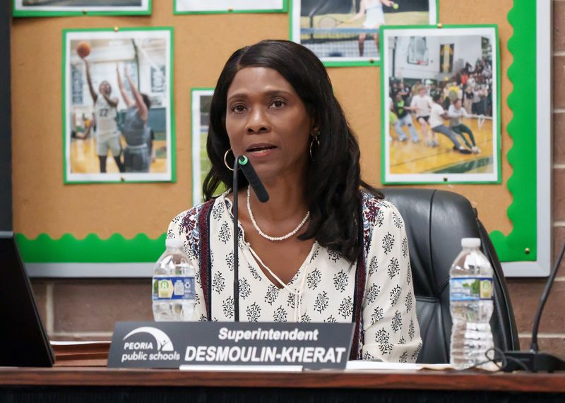 Peoria Public Schools Superintendent Sharon Desmoulin-Kherat speaks during a recent PPS School Board meeting at the district offices in Peoria.