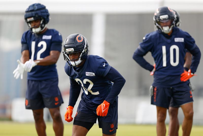 Jul 24, 2025; Lake Forest, IL, USA; Chicago Bears wide receiver John Jackson III (82) looks on during training camp at Halas Hall. Mandatory Credit: Kamil Krzaczynski-Imagn Images