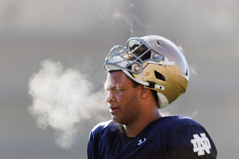Notre Dame offensive lineman Charles Jagusah during a Notre Dame football spring practice at Irish Athletic Center on Wednesday, March 26, 2025, in South Bend.