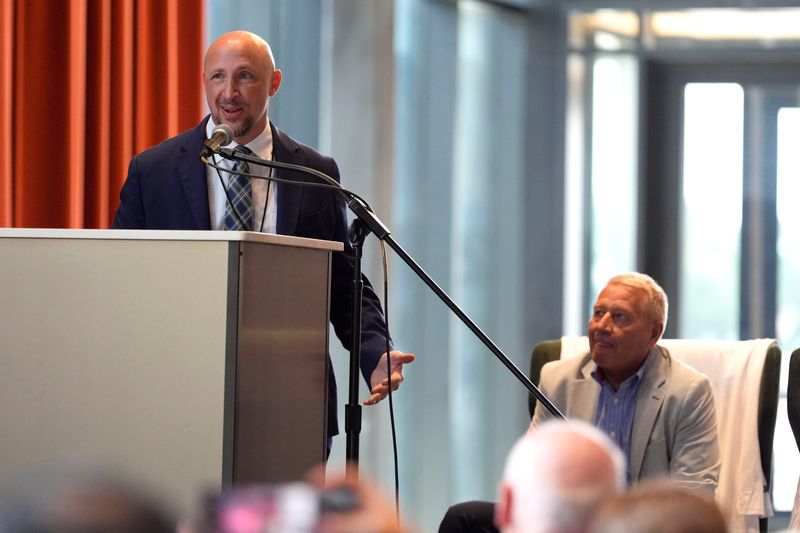 Aug 20, 2025; Augusta, Georgia, USA; Andy Kaufmann, Owner and CEO of Zawyer Sports and Entertainment, speaks during the announcement for Augusta Pro Hockey at the Bell Auditorium. ECHL hockey will return to Augusta for the 2027-2028 season. Mandatory Credit: Katie Goodale - Augusta Chronicle/USA TODAY NETWORK