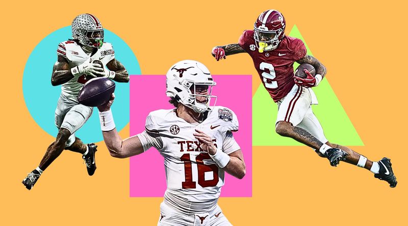 Jeremiah Smith of Ohio State, left, Arch Manning of Texas, middle, and Ryan Williams of Alabama lead their teams into the 2025 college football season as playoff and national title hopefuls.