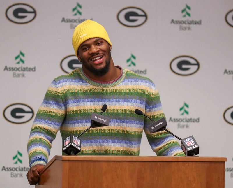 Green Bay Packers edge rusher Micah Parsons speaks during an introductory news conference Aug. 29, 2025, at Lambeau Field in Green Bay, Wisconsin.