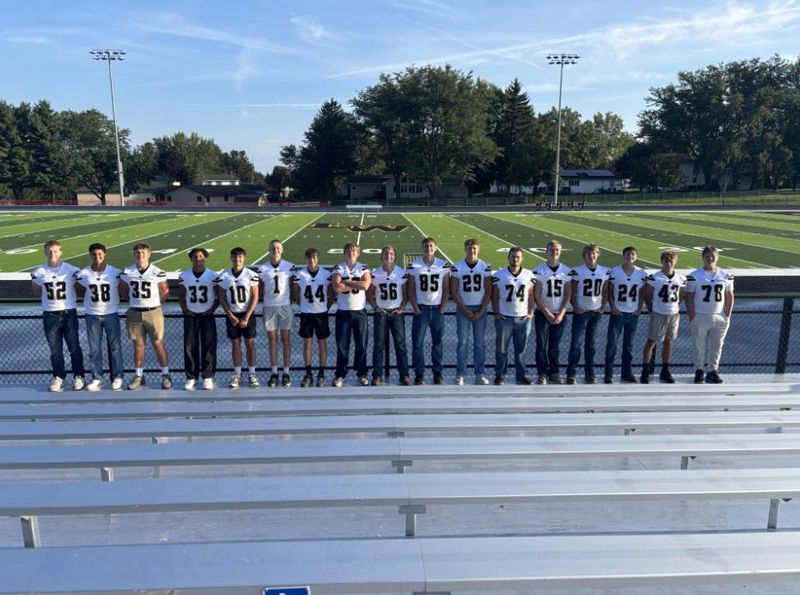 Members of last year's Lena-Winslow football team posed in this undated photo at the school's new Community Bank Stadium. The new facilities were basically undamaged by the April 17, 2026, tornado that ripped through town.