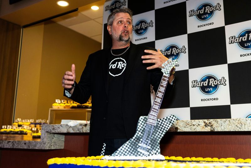 Geno Iafrate, president of Hard Rock Casino Rockford, gives a toast before cutting the cake Sept. 3, 2025, during the one-year anniversary celebration for the Hard Rock Casino Rockford.