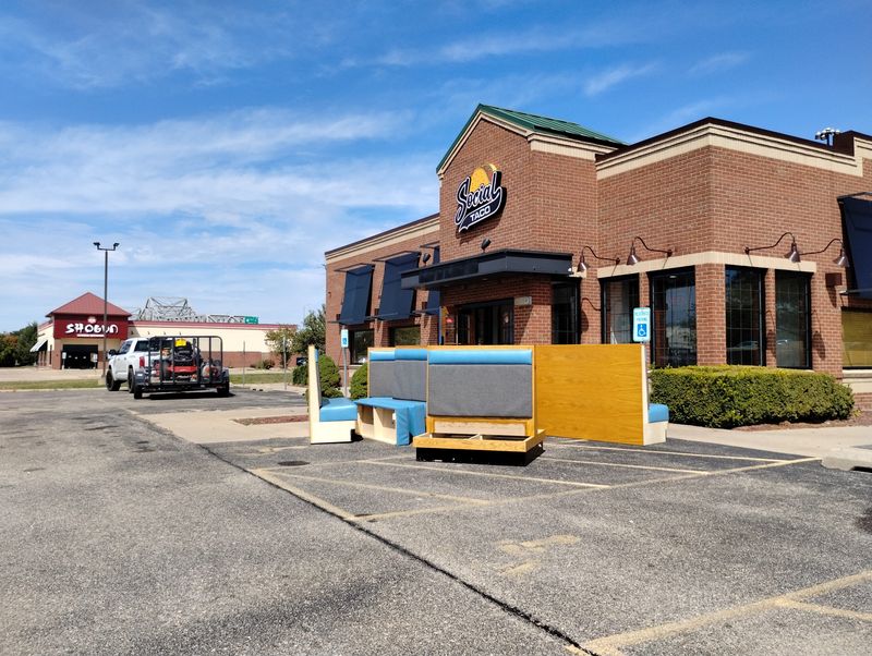 Booths sit outside of Social Taco in East Peoria on Sept. 9. The restaurant, which was located at 900 Riverside Drive, recently closed.