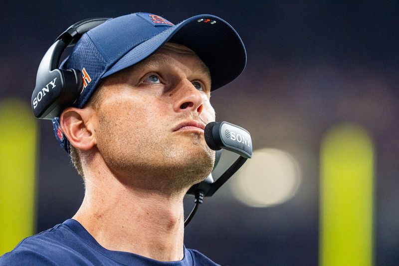 Chicago Bears head coach Ben Johnson looks at the scoreboard during a game against the Detroit Lions at Ford Field in Detroit on Sunday, September 14, 2025.