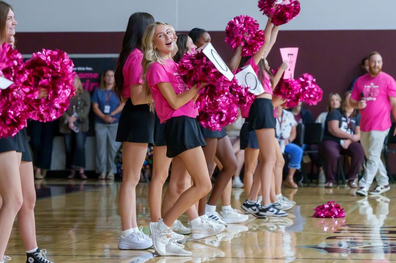 Cheerleaders lead the celebration as Princeville CUSD #326 announces a $25,000 prize from the T-Mobile Friday Night 5G Lights Sweepstakes in a school assembly Thursday, Sept. 25, 2025 at the high school gym. The district moves on to the $1 million grand prize contest, with voting open September 25 through October 24.