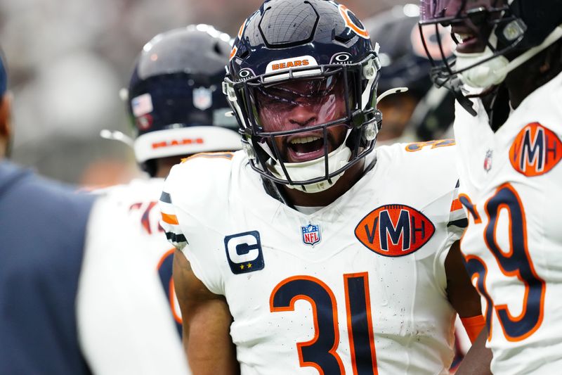 Sep 28, 2025; Paradise, Nevada, USA; Chicago Bears free safety Kevin Byard (31) reacts during the first quarter against Las Vegas Raiders at Allegiant Stadium. Mandatory Credit: Stephen R. Sylvanie-Imagn Images