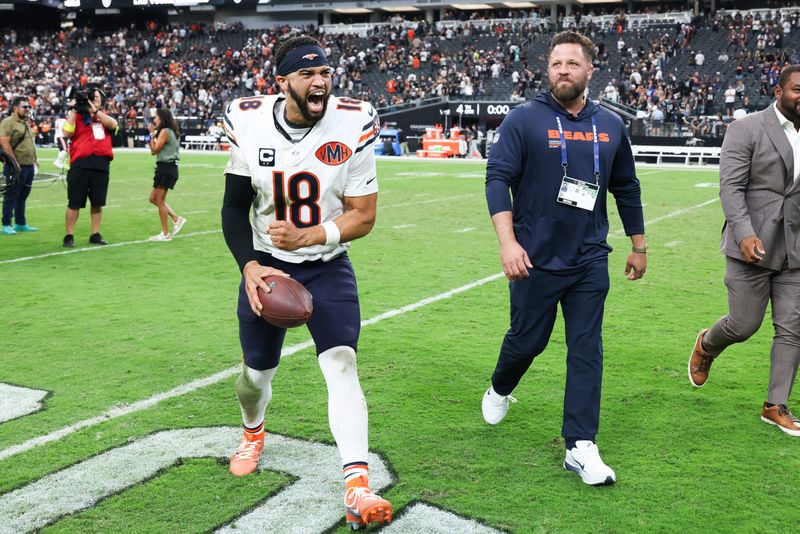 Sep 28, 2025; Paradise, Nevada, USA; Chicago Bears quarterback Caleb Williams (18) celebrates after the game against Las Vegas Raiders at Allegiant Stadium. Mandatory Credit: Kiyoshi Mio-Imagn Images