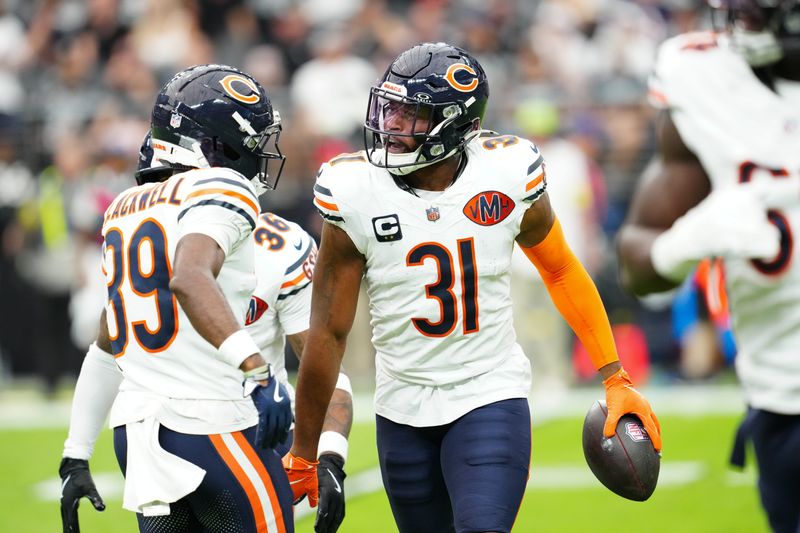 Sep 28, 2025; Paradise, Nevada, USA; Chicago Bears free safety Kevin Byard (31) celebrates during the first quarter against Las Vegas Raiders at Allegiant Stadium. Mandatory Credit: Stephen R. Sylvanie-Imagn Images
