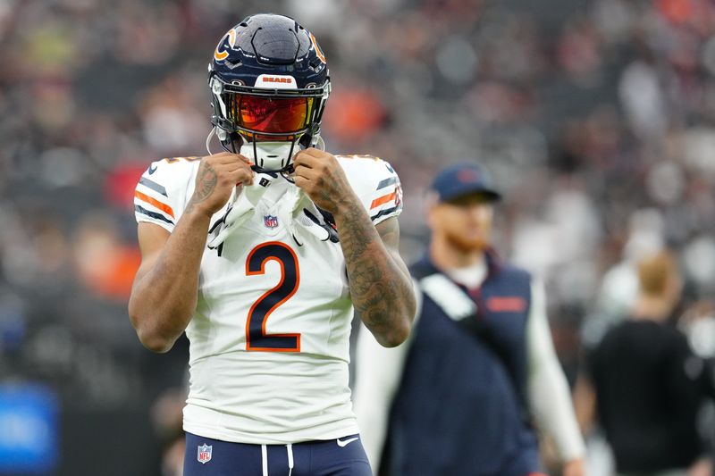 Sep 28, 2025; Paradise, Nevada, USA; Chicago Bears wide receiver DJ Moore (2) warms up prior to the game against the Las Vegas Raiders at Allegiant Stadium. Mandatory Credit: Stephen R. Sylvanie-Imagn Images