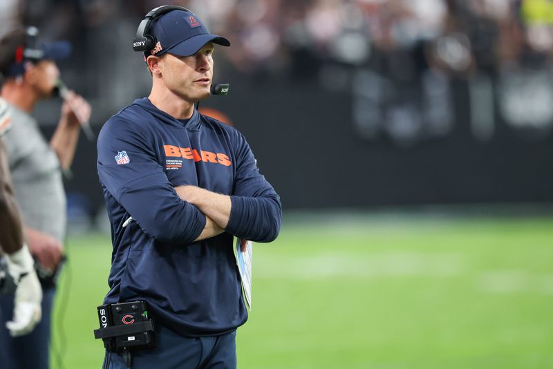 Sep 28, 2025; Paradise, Nevada, USA; Chicago Bears head coach Ben Johnson looks on from the sideline during the second half against the Las Vegas Raiders at Allegiant Stadium. Mandatory Credit: Kiyoshi Mio-Imagn Images