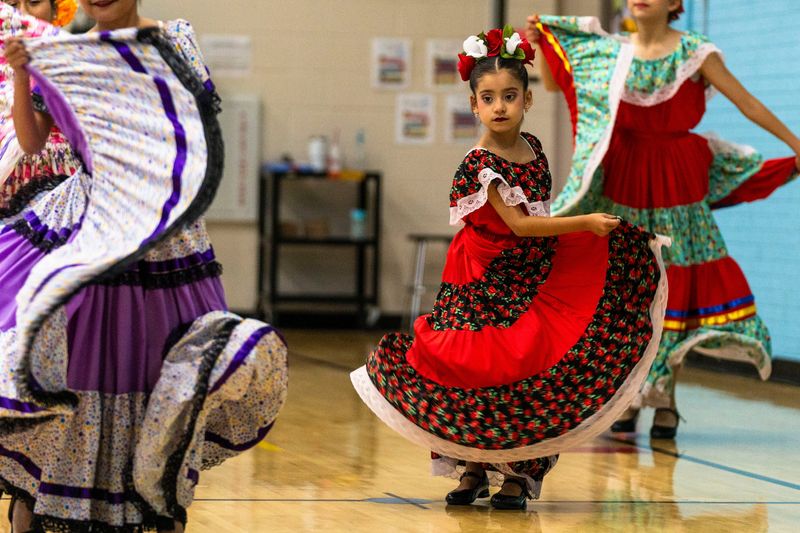 Dance troupe Mosaico Cultural performs during a Hispanic Heritage Month assembly on Oct. 16, 2025, at Whitehead Elementary School in Rockford.