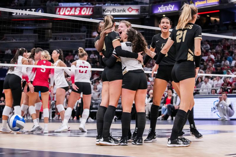 Kenna Wollard is hugged by teammates Dior Charles, clockwise, Grace Heaney and Ryan McAleer as Taylor Anderson and Julia Kane celebrate Purdue's point against Indiana the Monon Spike match Thursday, Oct. 16, 2025, at Gainbridge Fieldhouse.